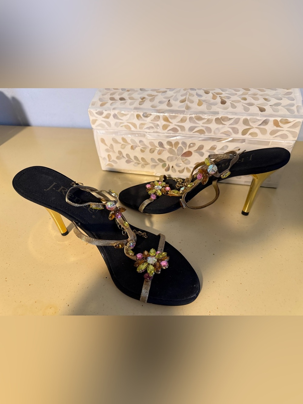 J. Renee Embellished Black T-Strap Sandals with Pink & Lime Accents
